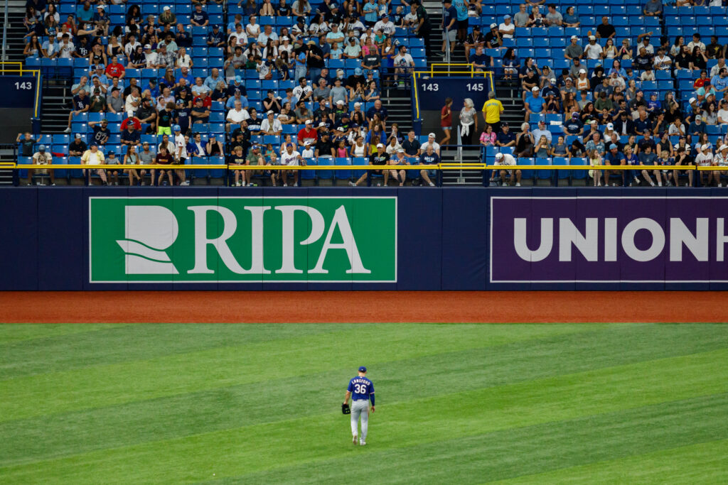 Langford takes his position in left field during a game against the Tampa Bay Rays at Tropicana Field on July 28.