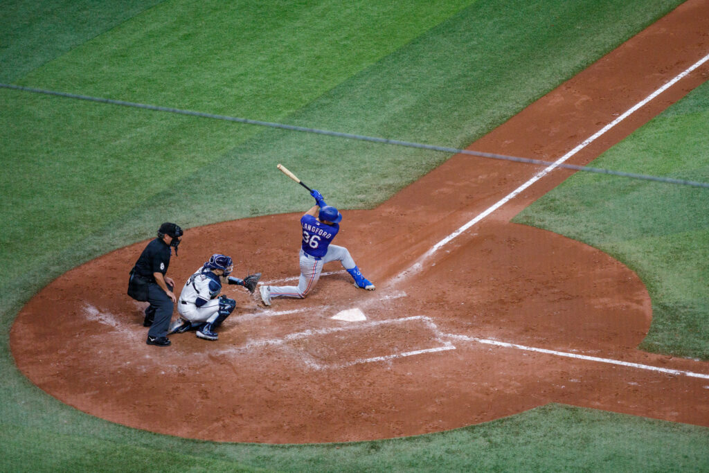 Wyatt Langford bats against the Tampa Bay Rays on July 28, 2026, at Tropicana Field in St. Petersburg, Fla.