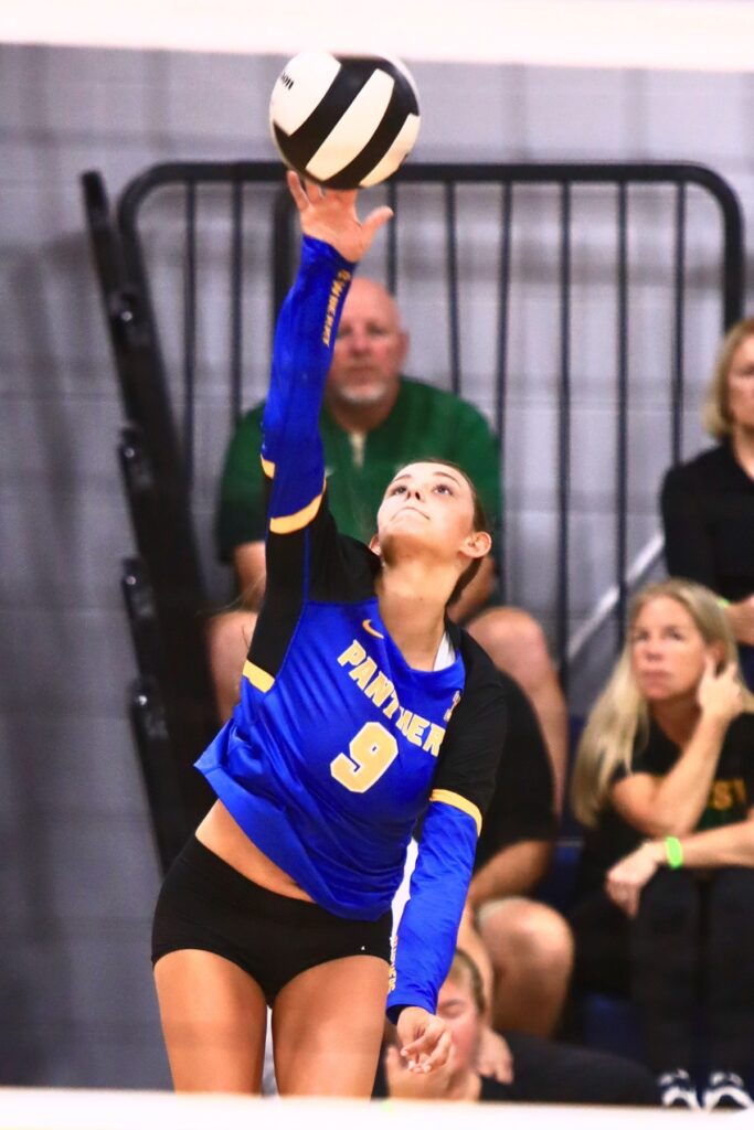 Newberry's Carly Myers (9) with a serve against Forest at the Crafty Gemini Preseason Showdown on Thursday. Photo by C.J. Gish