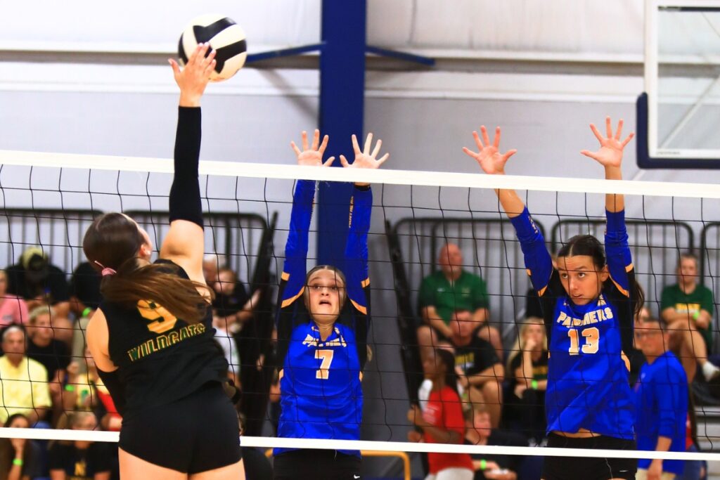 Newberry's Charlee Guadagno (7) and Baylee Akers (13) attempt a block against Forest at the Crafty Gemini Preseason Showdown on Thursday. Photo by C.J. Gish