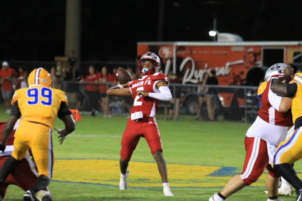 Santa Fe's Gavin Peterson throws the ball against Newberry. Photo by Seth Johnson