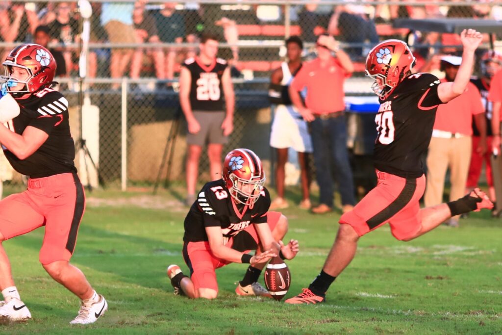 Trenton's Logan Leverett (70) put the Tigers on the board 3-0 with a first-quarter field goal against Interlachen on Friday. Photo by C.J. Gish