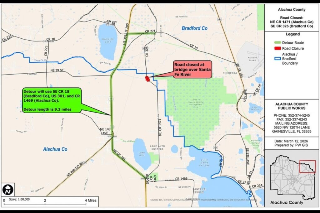 Alachua County Public Works is advising residents that Northeast County Road 1471 will close to all traffic near the Santa Fe River beginning Monday, Sept. 28. Courtesy Alachua County