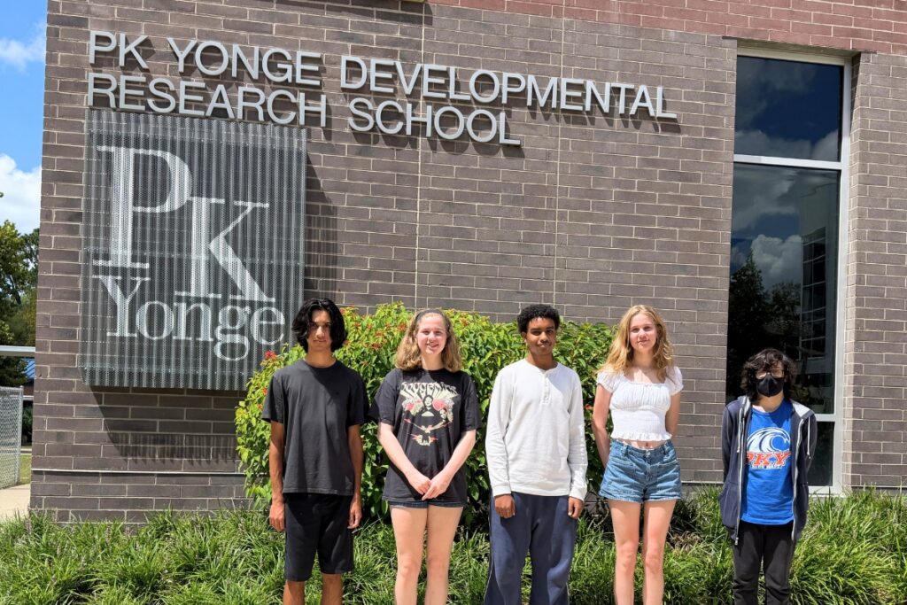 (From left) Rohan Paranjpe, Ella Currin, Hyle Ismail, Emma Currin and Gabriel Castronovo were named 2027 National Merit semifinalists. Courtesy of P.K. Younge