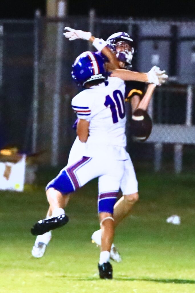 Keystone Heights' Coy Campbell (10) gets called for fourth-quarter pass interference against Bell. Photo by C.J. Gish