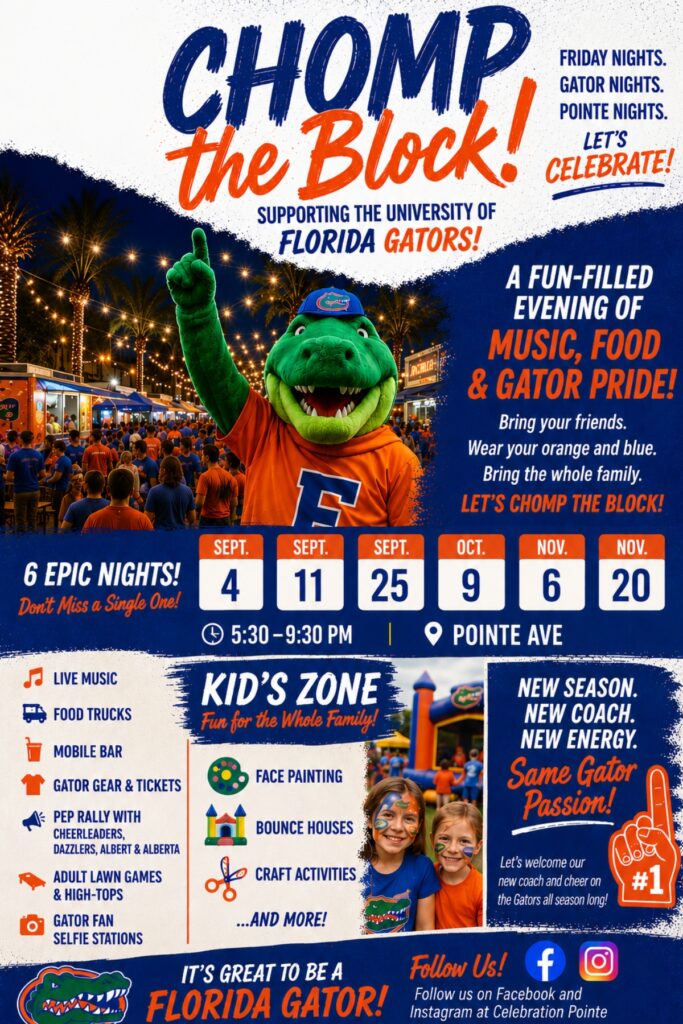 Schedule for 2026 Chomp the Block Gator football pep rally at Celebration Pointe.