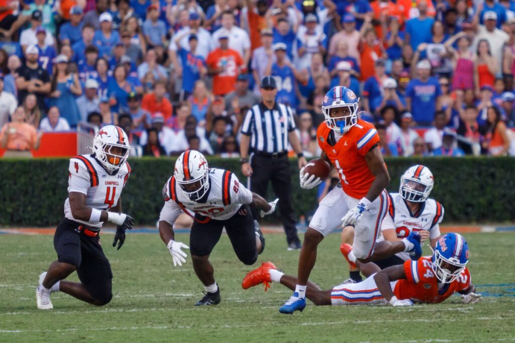 Florida Gators wide receiver Vernell Brown III advances down the field during a game against Campbell on Saturday, Sept. 12, 2026, at Ben Hill Griffin Stadium in Gainesville, Fla.