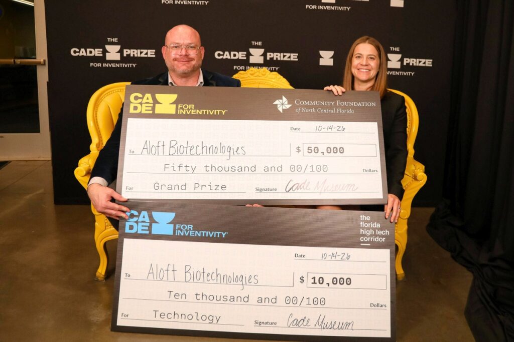 Aloft Biotechnologies of Alachua won the Grand Prize at the 17th annual Cade Prize for Inventivity on Wednesday, Oct. 14, earning $60,000 in equity-free funding for its bubble-free gas delivery technology. Courtesy Cade Museum