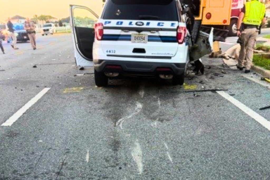 An off-duty Gainesville Police Department officer struck a Marion County school bus stopped to pick up students early Friday morning. Courtesy FHP