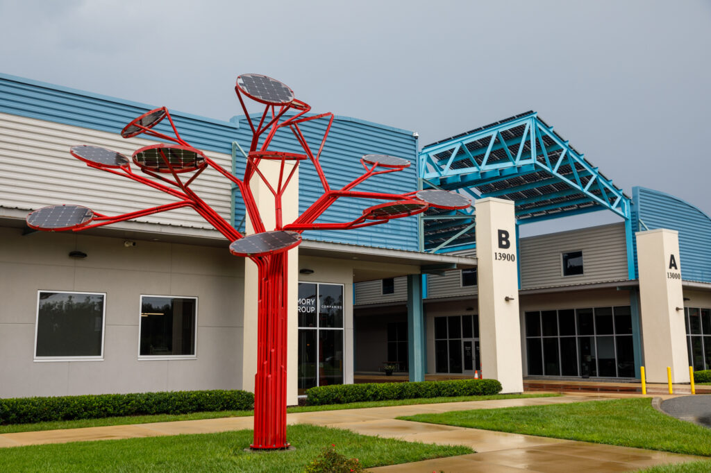 Bifacial solar panels at Tech City can produce 130% times the energy of single-sided panels. Photo by Walker Smith