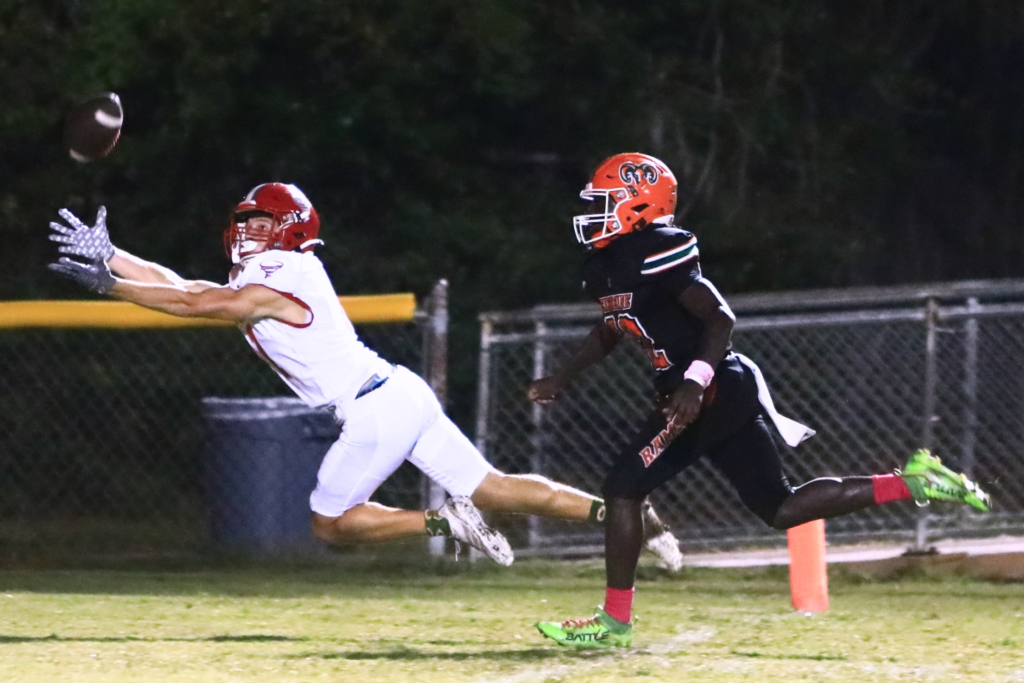 Bradford's Koy Hartley (11) stretches out for a second-quarter touchdown against Eastside at Citizens Field on Friday. Photo by C.J. Gish