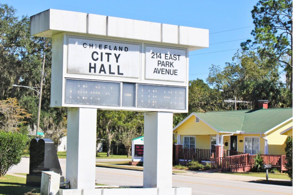 Chiefland City Hall sign. Photo by Seth Johnson