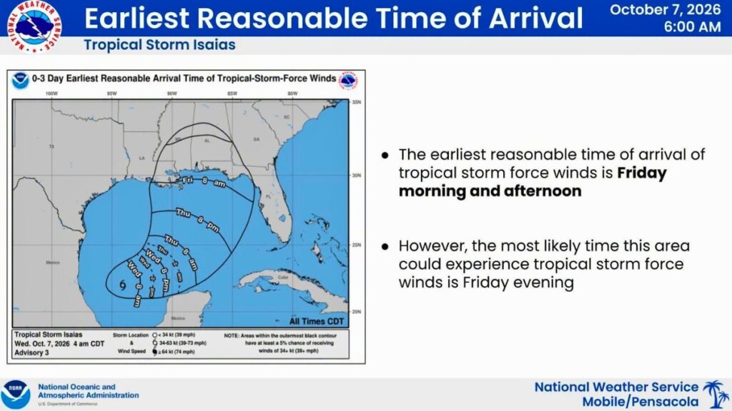 Earliest time of arrival for Tropical Storm Isaias.
