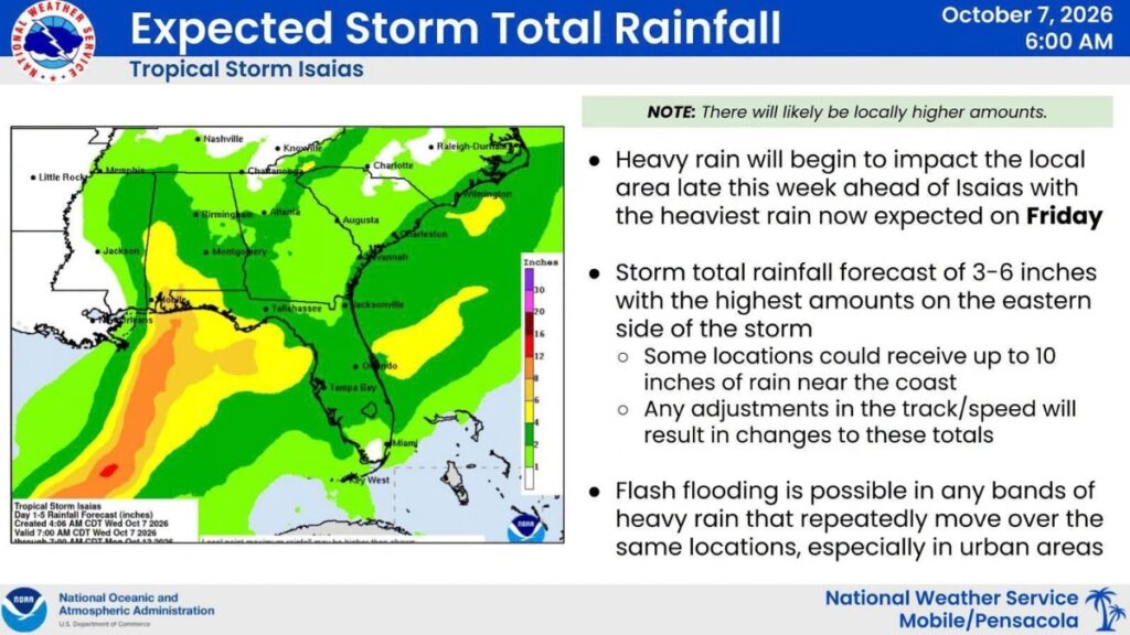 Expected Tropical Storm Isaias total rainfall.