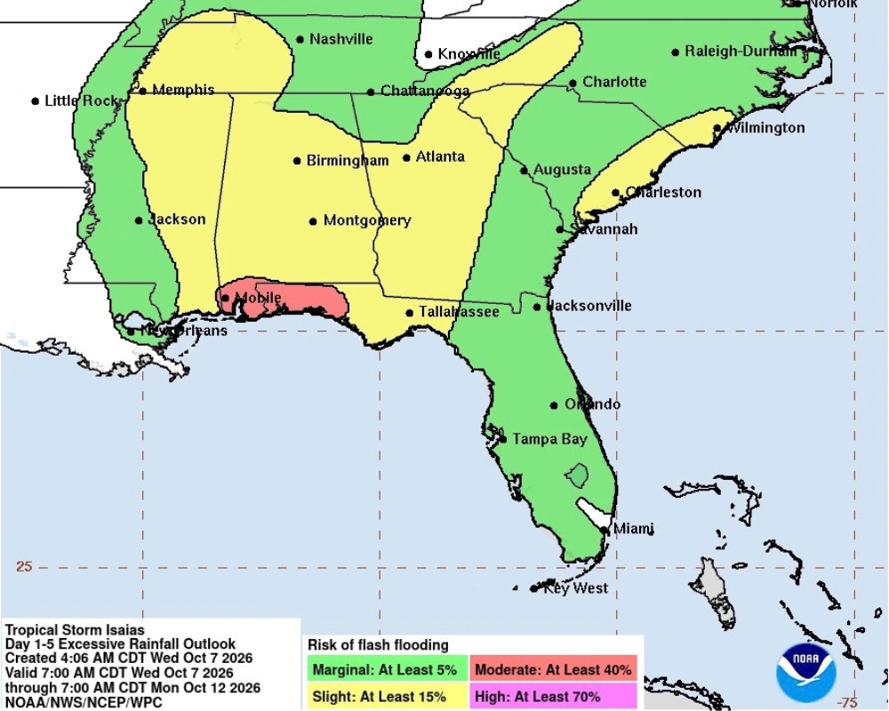 Greatest flash flood risk over next five day. Courtesy NOAA