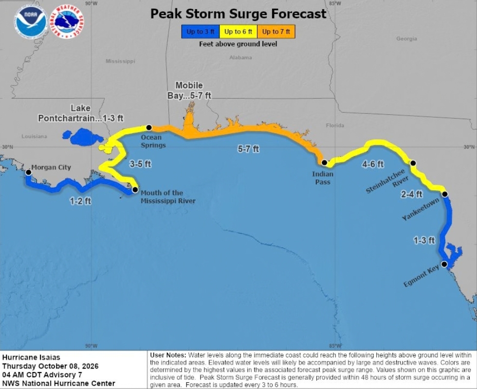 Hurricane Isaias peak storm surge forecast. Courtesy NOAA