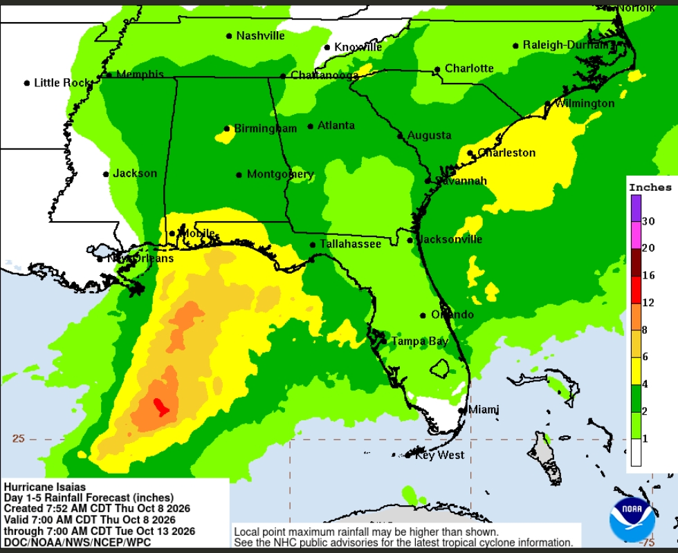 Hurricane Isaias rainfall projections as of Thursday morning. Courtesy NOAA