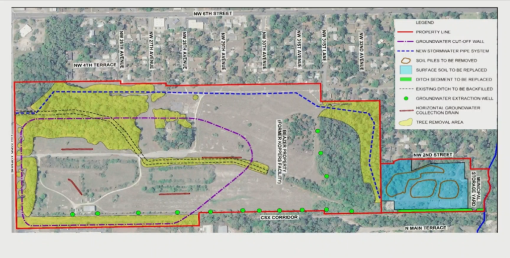 Trees will be removed from the yellow-shaded areas as the U.S. Environmental Protection Agency builds a mile-long underground wall (shown in purple) to contain groundwater.