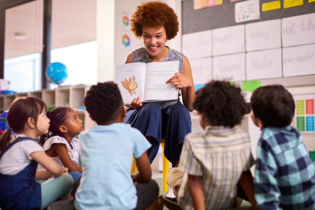 Reading teacher with elementary school students.
