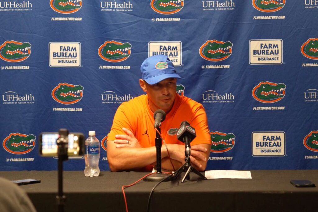 UF coach Jon Sumrall speaks at the postgame press conference after Florida's 45-17 loss at Missouri on Saturday, October 3, 2026.