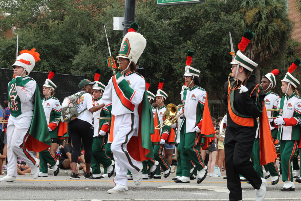 The Eastside High School Marching Ram Band in the UF Homecoming Parade. (Photo by Nick Anschultz)