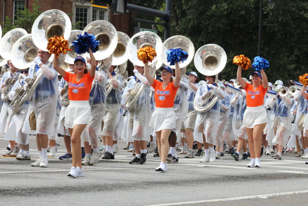The Gator Marching Band in the UF Homecoming Parade. (Photo by Nick Anschultz)