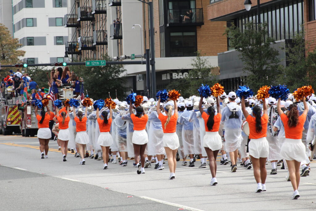 The Gator Marching Band marches down University Avenue during the UF Homecoming Parade. (Photo by Nick Anschultz)