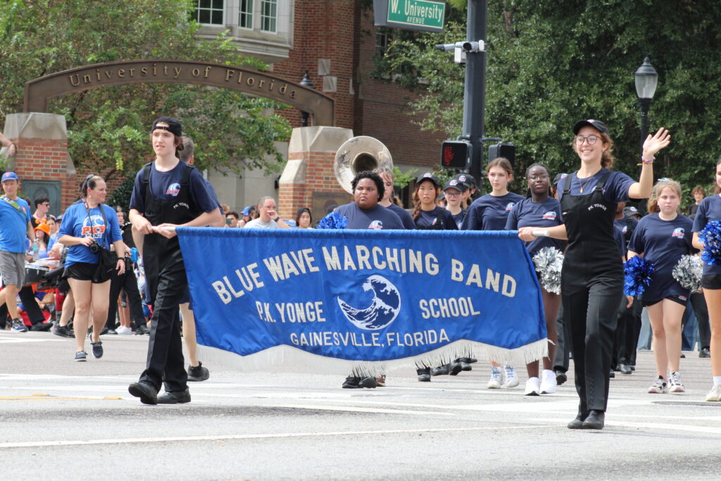 The PK Yonge Blue Wave Marching Band in the UF Homecoming Parade. (Photo by Nick Anschultz)