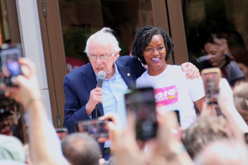 U.S. Sen. Bernie Sanders (I-VT) stumps at the University of Florida on Sunday for Jacksonville’s Angie Nixon, a Democratic Socialists of America candidate running against Republican incumbent Sen. Ashley Moody. Photo by Suzette Cook