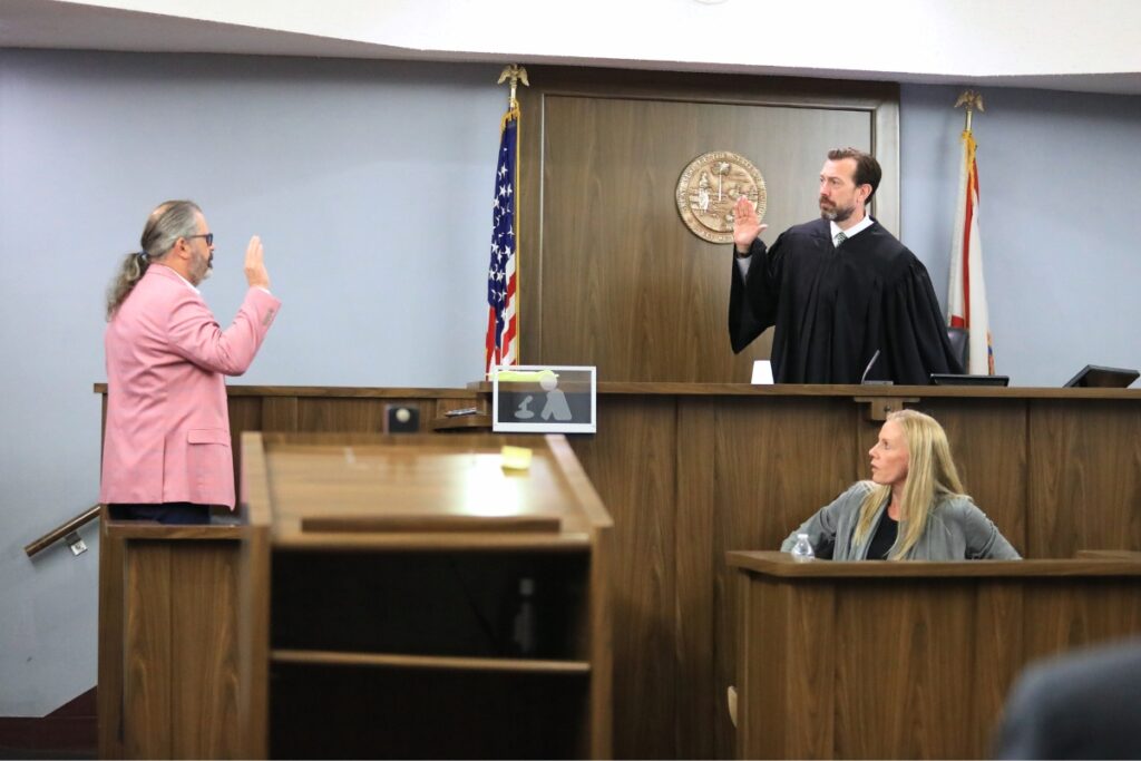 Gainesville Regional Utilities General Manager and CEO Ed Bielarski is sworn in before giving testimony during an oral hearing over the 2024 referendum.
